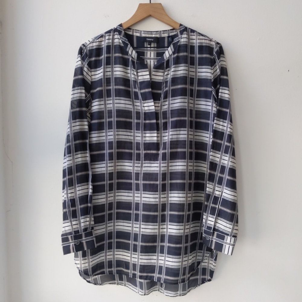 Theory Sheer Popover Tunic Top Black White Plaid Women's Large